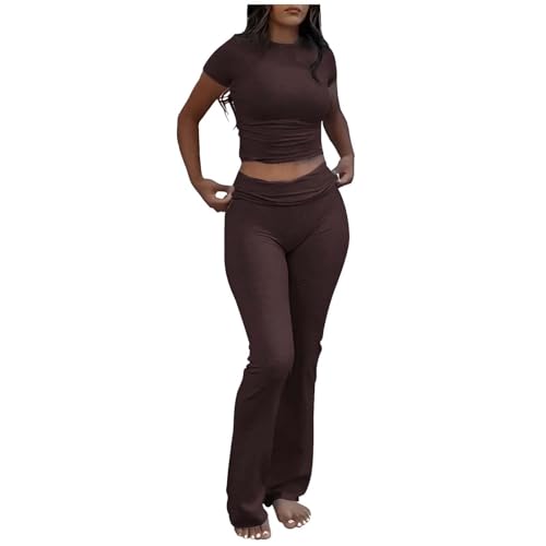 Chandal Mujer Completo Conjunto Deportivo Mujer Gimnasio Chándal Top Corto Ajustado con Pantalones de Campana de Cintura Baja para Clases de Yoga y Entrenamientos Relajados