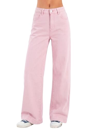 EMMIOL Womens 2026 Wide Leg Jeans Distress High Waist Stretchy Denim Pants Vintage Trousers(Pink M)