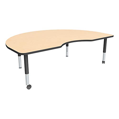 Image of Sprogs Adjustable Height Mobile Classroom Activity Table for Preschools, Kidney Preschool Activity Table with Casters, 48 inch L x 72 inch W x 23 inch H, Maple /Black