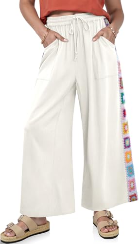 Image of TARSE Womens Wide Leg Linen Pants Summer Casual Drawstring Loose Lounge Palazzo Crochet Panel Pant with Pocket