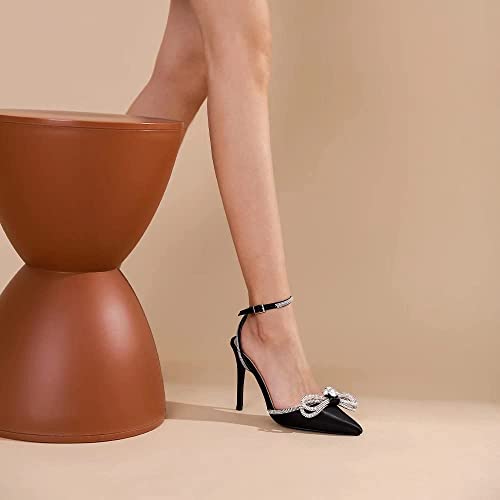 Bieosnli Women's Satin Lace Up High Heel Sandals Ankle Buckle Straps Pump Rhinestone Strip Bowknot Pointed Toe Stiletto Sandals #TOP5
