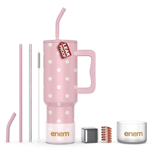 Image of enem Tumbler, Petal Pink Pop, Tumbler with Metal Straw, Sipper, with Lid Leak Proof, 1 Metal Ice Cube, 1 Copper Spring (Tamba), Base Protector, Mug Travel, 1.2L