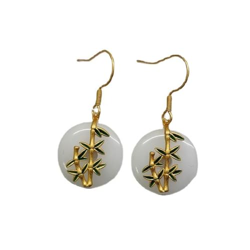 Pendientes de jade blanco natural y plata S925 con diseño de bambú para mujer