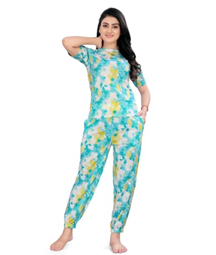 Image of VJ Fashion Women's Cotton Lycra Printed & Knitted Round Neck Night Wear Set of Top and Pazama