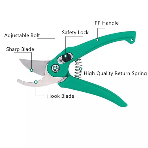 Image of JD FRESH Hand Pruner Cutter /Stainless Steel Bypass Blade Pruning Shears /Safety Lock /Non Slip Handle /Return Spring /Garden Scissors and Plant Cutter for Gardening /Plants /Bushes & Hedges /Branches (Green)