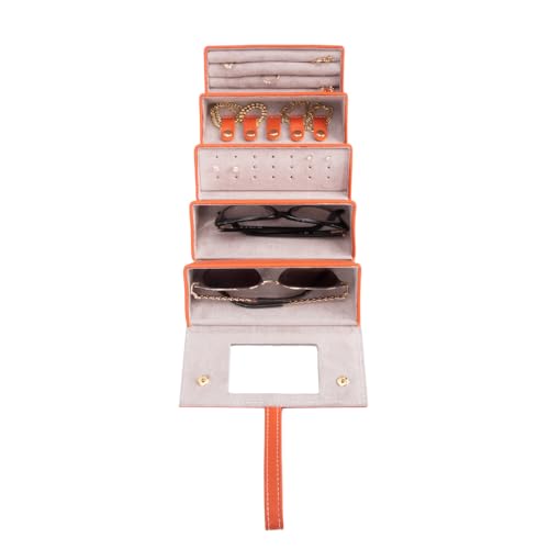 Image of Brouk & Co Leah 5 Eyewear & Jewelry Case - Pebbled Vegan Leather, Foldable Case, Snap Closure, Hanging Loop, Interior Mirror, 5 Compartments: Sunglasses and Jewelry (Orange)