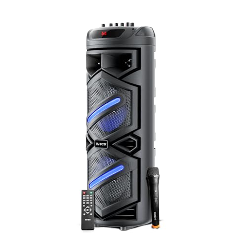 Image of Intex Thriller 1100 Trolley Speaker | 110W Sound Output | Rechargeable Battery | Karaoke Wireless Mic | Mobile Holder | RGB Lights | FM /USB /AUX /BT Playback | 8 inch Woofer (Black)