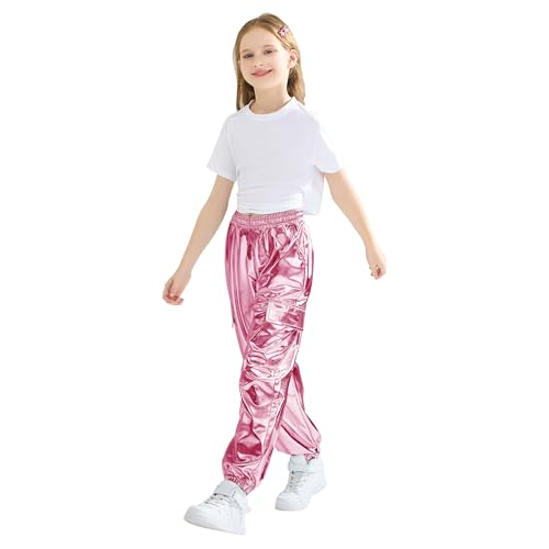Image of Rolanko Girls Shiny Metallic Cargo Pants, Sparkle Jogger Pants for Girls Hip Hop Dance Streetwear Cargo Trousers 6-15 Years