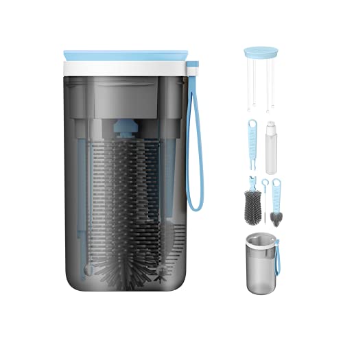 Image of YOTIME Travel Baby Bottle Set with Extendable Silicone Brush, Nipple Brush, Magnetic Drying Rack, Straw Cleaner, Soap Dispenser, Blue