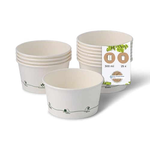 BIZOYG ecológico universal cartón desechable cuencos helado, postre, Fingerfood, Snacks 25x tazones comida blancos con icono impreso 300 ml/12 oz I tazas redondas desechables compostables