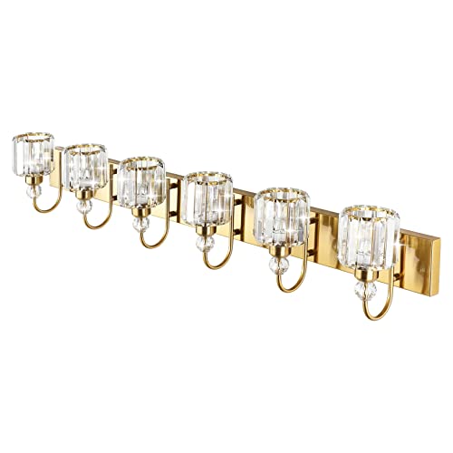 Image of Ralbay Gold Crystal Vanity Lights for Bathroom 6-Lights Brass Gold Crystal Bathroom Vanity Lights Over Long Mirror Modern Crystal Bathroom Wall Lighting Fixtures