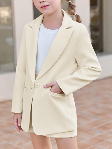 Image of Batermoon Girls 2 Piece Outfits Button Front Long Sleeve Blazer and Short Pants Suit Sets 4-14 Years