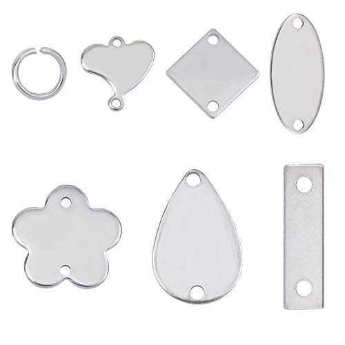 UNICRAFTALE About 120pcs Rhombus/Heart/Oval/Teardrop/Rectangle/Flower Links with 60pcs Jump Rings Stainless Steel Blank ID Tags Charm for Jewelry Making Stainless Steel Color