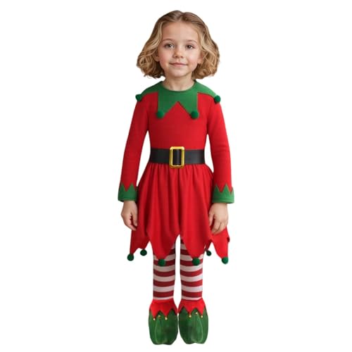 Genérico Disfraz de Elfo de Navidad para Niña Traje Navideño Infantil Vestido de Duende Verde y Rojo con Cinturón Gorro y Medias Ropa de Fiesta Escolar y Espectáculos de Navidad
