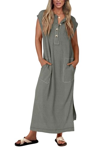 Image of KIRUNDO Womens Summer Ribbed Knit Short Sleeve Maxi Dress | 2026 Spring Henley Button Up Knitted Tshirt Dress, Loose Beach Vacation Sundress, Teacher Dress, Loose Fit Nursing Friendly
