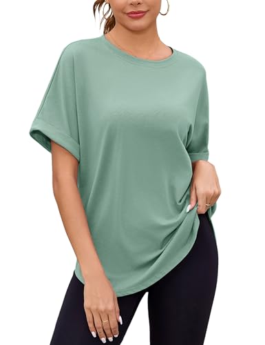 Totatuit Women Oversized Tshirts Casual Crew Neck Rolled Short Sleeve Basic Tee Shirts Cute Loose Summer Tops Workout Clothes Sage Green Large