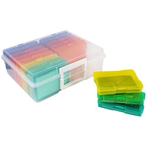 Jigitz Plastic Photo Storage Box with Dividers - Colorful 4x6 Photo Box Organizers and Storage - 16 Snap Boxes for Flashcards, Seeds, Greeting Cards, Scrapbooking and Crafts with Case