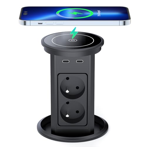 Bloc Prise Encastrable Automatique, Dinolink Multiprise Escamotable avec 4 Prises, 2 USB C(PD 20W), 2 USB A(18W), Chargeur sans Fil 10W, Câble de 2M, Ø...