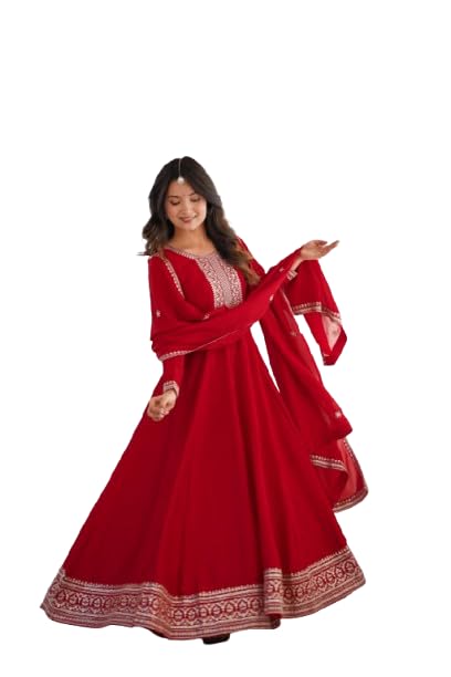 Vichitra Silk Anarkali Gown with Dupatta, Full Flare Kali Design, Heavy Embroidery Zari Work Long Sleeve, Women-image-26