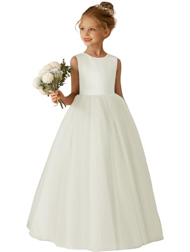 Elegant O-Neck Flower Girl Dress for Wedding Girl's Pearls Formal First Communion Dresses with Bowknot