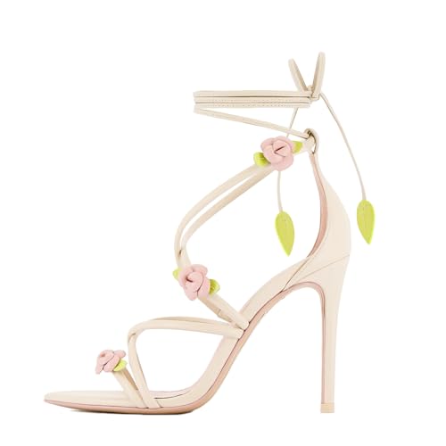 sexytag Floral Ankle Strappy Lace Up Stiletto Heeled Sandals Open Toe Rose Flower Party Wedding Date Dress Shoes