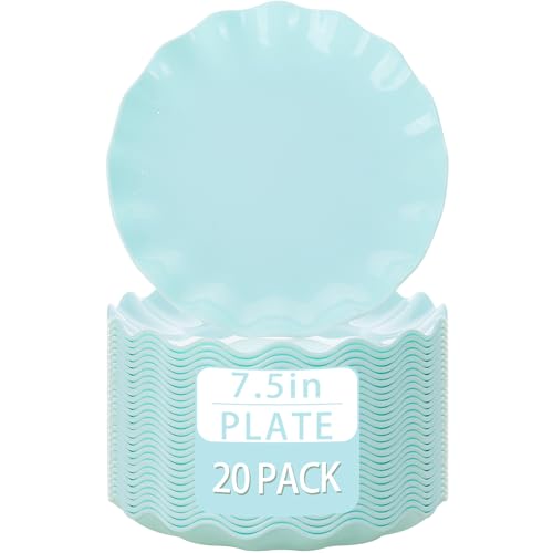 LIYH 20 Pcs 7.5 Inch Ice Blue Plastic Scalloped Plates Reusable - Unbreakable Dessert Plastic Cake Plates Dishwasher Safe Perfect for Party Birthday