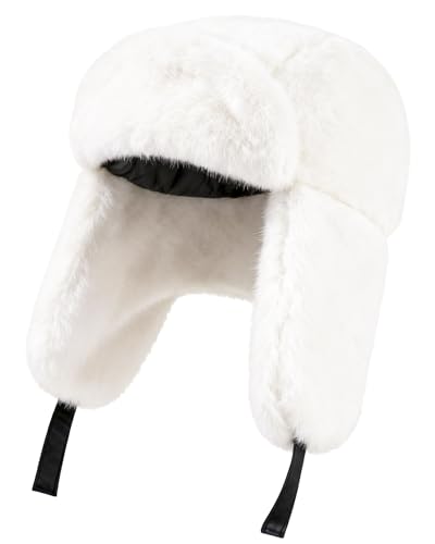 Trapper Hat with Ear Flaps - Winter Russian-Style Fur Pilot Ushanka, Windproof Skiing for Men & Women Off-White