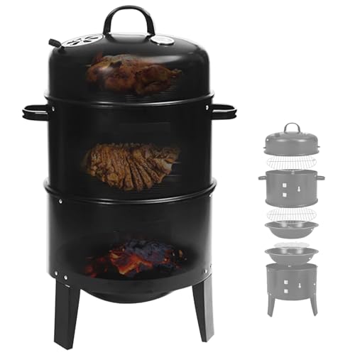 WPWSDWMX Ahumar Carbón, Parrilla Ahumadora y Barbacoa 3 en 1 para Exteriores, con 2 Zonas de Cocción y Termómetro, para Cocinar al Aire Libre