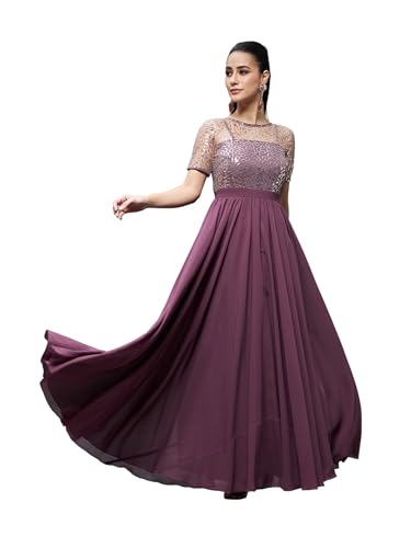 Image of Miss Chase Women's Round Neck Sleeve Embellished Fit Flare Maxi Dress