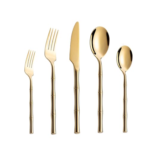 Gold Silverware Set for 6 - 30 Piece 18/8 Stainless Steel Cutlery Set, Bamboo-Style Spoons and Forks, Utensils for Home and Kitchen, Dishwasher Safe