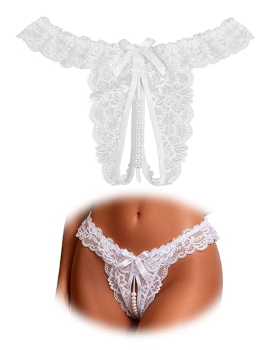 comeondear Tanga Abierto para Mujer de Encaje Bragas Abertura con Perlas Talla Grande Tangas Abierta de Cintura Baja Thong String Ropa Interior Sexy Lenceria Atrevida Transparente Lazos Blanco,XXL