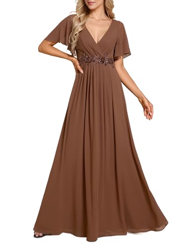 Image of Ever-Pretty Women's Spring Short Sleeve Bridesmaid Dresses V-Neck Chiffon Ruched Empire Waist Appliques Long Formal Dress