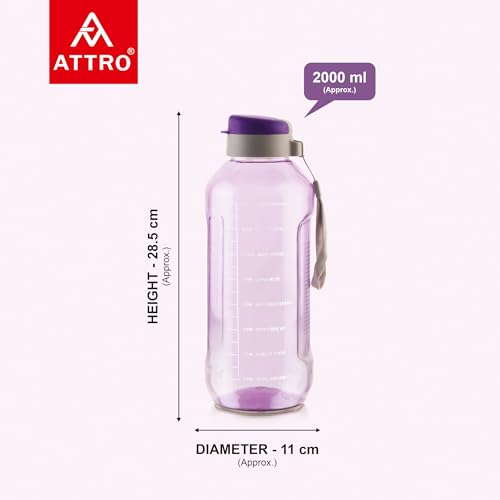 Image of ATTRO Ultra Pro 2 Motivational 2-Liter BPA-Free Water Bottle with Leak-Proof Flip-Top Cap, Nylon Strap and Stylish Color for Daily Hydration Violet-Set Of 6