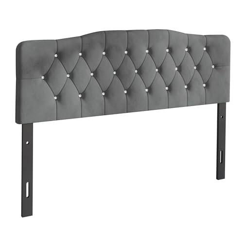 Castle Place Twin Crystal Diamond Button Tufted Velvet Upholstered Adjustable Headboard, Light Grey