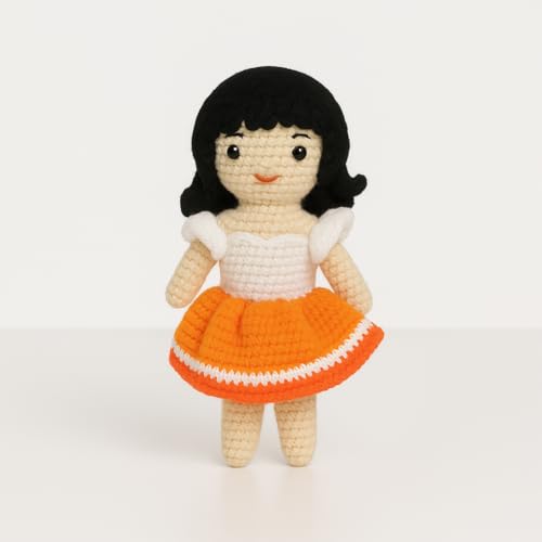 Image of Sutra Handmade Crochet Doll in Orange & White Dress | Wool Amigurumi Soft Toy | Handmade Gift for Kids, Nursery & Home Decor