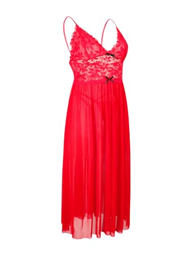 MIZSPISE Nuisette Sexy Femme Dentelle roe Longue Transparente (Rouge, Taille Unique)