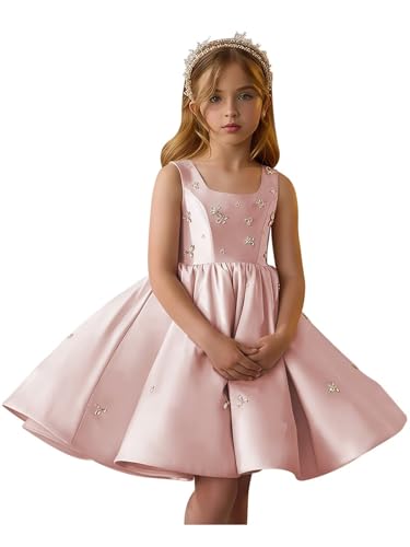 Satin Short Flower Girl Dress for Wedding Beaded A-line Pageant Dress for Kids Sleeveless Formal Gown