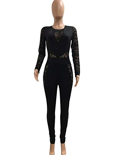 Ophestin Womens Sexy Lace Jumpsuit See Through Mesh Long Sleeve Romper Clubwear Black Size XL