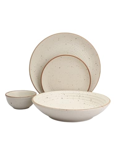 Image of MIAH Decor Handcrafted Stoneware Dinner Set-Pack of 14-[4 Dinner Plates; 4 Quarter /Side Plates / 4 Dinner Bowls / 2 Serving Bowls]|Cream with Brown Rim|Matte Finish|Ceramic|Microwave, Oven, Freez,MD-495