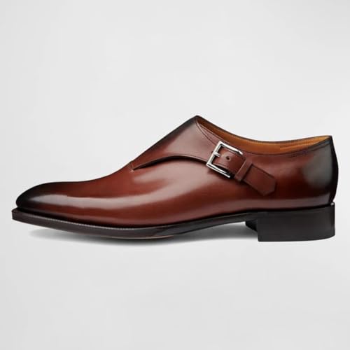 FSJ Men's Classic Plain Toe Single Monk Strap Loafers Refined Stacked Heel Burnished Leather Smooth Buckled Daily Wear Shoes Size 4-16 US2