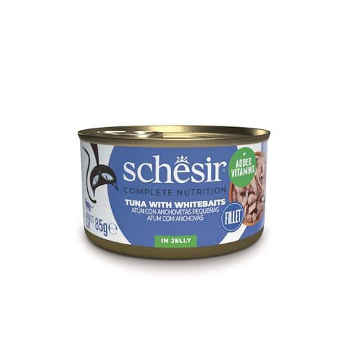 Schesir Atún con Anchovetas en Gelatina, Comida Húmeda para Gatos, en Latas, 100% Natural, con Vitaminas Añadidas, 12 x 85g