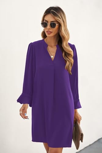 Image of Wkior Womens Fall Ruffle Long Sleeve V Neck Shift Dresses (S-XXL)