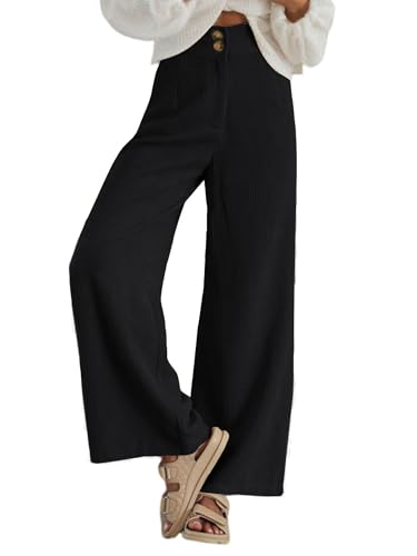 Imuedaen Cordhose Damen High Waist Weites Bein Hosen Freizeithose Lang Casual Locker Hose mit Taschen und Knöpfen (Schwarz, M)