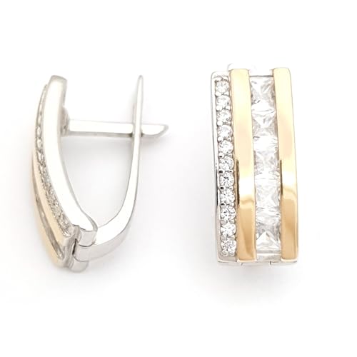 Boucles d'oreilles anneau en argent 925 et or jaune 9 carats avec oxydes de zircone éclatants