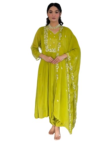 Image of Naixa Women's Chinon Embroidered Flared Kurta with Pant and Dupatta Sets (Available in Plus Size) (NX-616)
