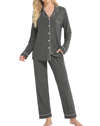 Image of SWOMOG Womens Pajamas Set Long Sleeve Sleepwear Button Down Nightwear Soft Cotton Pj Lounge Sets