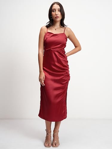 Image of Tokyo Talkies Women's Elegant Shoulder Strap Ruched Sheath Dress | Flattering Short Silhouette for a Chic Look