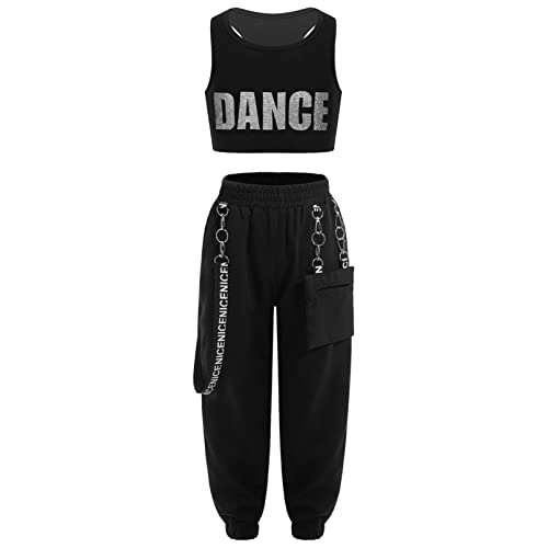 Image of FEESHOW Kids Girls Sports Crop Top with Elastic Waistband Trousers Cargo Pants for Gymnastic Dance Workout Outfit