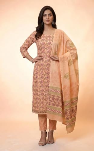 Image of Eddika women unstitched hand block printed cotton suit set with mulmul dupatta ehbpcswmd0120P