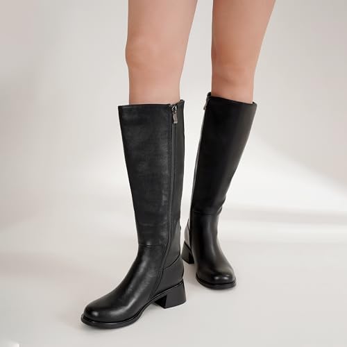 LanreyTaley Leather Boots Women Knee High Boots Low Block Heel Round Toe Side Zipper Fall Long Boots2